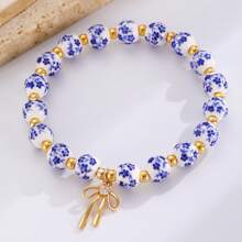 Elegant Vintage Bow Pendant, Patterned Ceramic Beaded Bracelet For Women, Fashion Jewelry Accessory, Gift Idea For Boyfriend Or Girlfriend, Porcelain Bead Bracelet Set