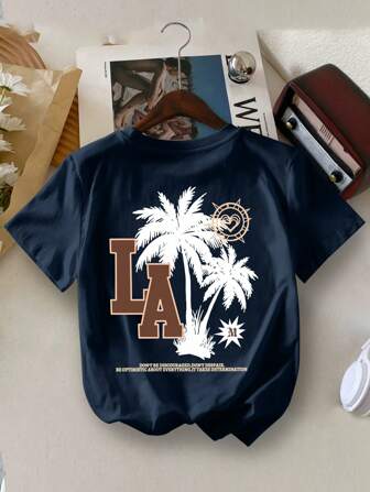 Camiseta de verano de cuello redondo para niño con estampado de palmera LA, casual y sencilla