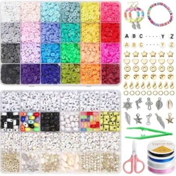 Kit de cuentas planas FEMBW 7200+ para pulseras, 24 colores de cuentas Heishi de 6 mm para joyas de adultos, cuentas espaciadoras con letras doradas y cuentas con forma de concha