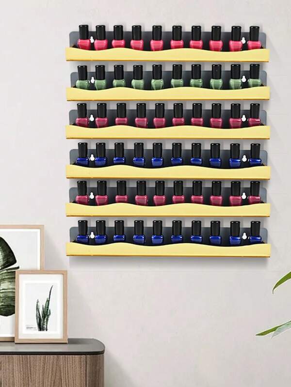 Wall-Mounted Nail Polish Organizer Rack - 15-Inch Gold Mirror Finish Nail Polish Shelf, Makeup & Beauty Essentials Storage - Multi-Purpose Display Holder For Small Space, Vanity Bathroom, 6 Pack