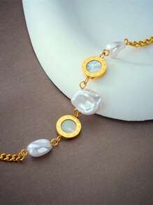 1 pulseira de aço inoxidável com algarismos romanos e pérolas, design elegante e minimalista, adequada para presentear e uso diário para mulheres