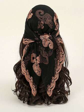 1pc Women Fashion Embroidered Bandana Scarf, Ladies Head Wrap Neckerchief Suitable For Daily Outfit