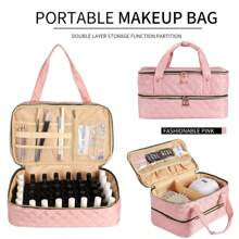 Pink Nail Polish Organizer Bag Double Layer Nail Storage Bag 40 Bottles Multifunction Cosmetic Bag