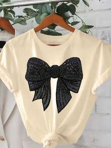 Camiseta sencilla para mujer 100% algodón, cómoda para toda ocasión con estampado de moño cute - Beis - Ver 3