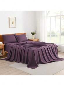 4PCS Cooling Luxury Hotel Sheet Set - 15'' Deep Pockets, Shrink & Fade Resistant With Embroidered Pillowcases | Fitted Sheet + Flat Sheet For Summer Bedding - Dark Purple - 查看 3