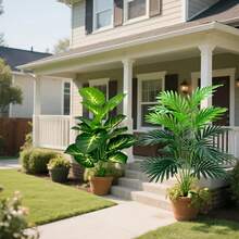 2 件热带植物套装 - 人造花叶万年青和槟榔棕榈，适用于家庭、办公室、花园装饰 - 非常适合婚礼、周年纪念和节日 - 室内/室外使用，不含花盆、房间装饰、家居装饰、厨房装饰、婚礼装饰