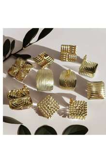 1 par / 5 pares Pendientes de acero de titanio chapados en oro de 18 quilates con textura geométrica de ola, pendientes minimalistas y exagerados de estilo europeo y americano