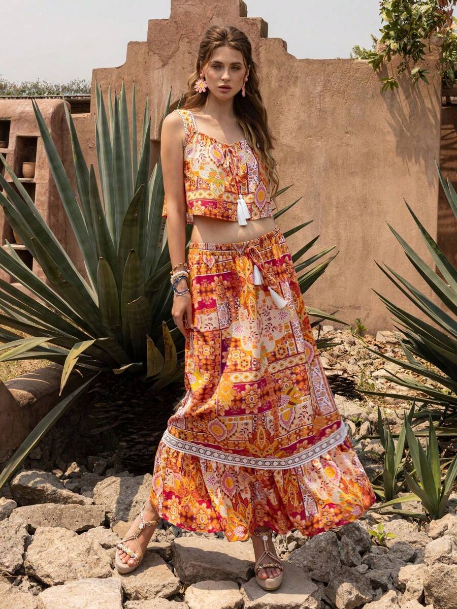 Faeriesty BohoBloom 女士波西米亚风两件套：露脐吊带上衣和飘逸长裙 - 前系带设计 - 非常适合海滩度假、休闲外出、周末短途旅行、公园野餐和夏季假日探险 - 橘色 - 查看 1