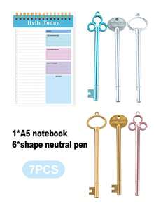 7件（A5记事本+钥匙形笔）极具吸引力的A5线圈每日计划笔记本便携式学习计划记事本，创意文具钥匙形中性笔，可爱卡通，学习办公，复古水性签名笔，适合儿童和学生，大学生返校必备文具。