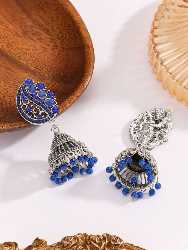 1 Pair Of Zinc Alloy Retro And Fashionable Women's Earrings With Colored Water Rhinestones Imitating Pearls, Classic Stud Earrings, Colored Rhinestone Birdcages, And Heavily Crafted Stud Earrings For Daily Use, Parties, And Vacations