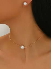 3 件套优雅法式项链 + 耳环首饰套装，时尚精致的单颗人造珍珠，简约设计，适合日常佩戴、节日、婚礼、四季 - 白色 - 查看 3