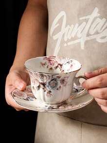 1pc Classic Floral Ceramic Coffee Cup And Saucer Set, Retro Gold Rim, High-End Latte/Tea Cup For Home - Multicolor - View 1