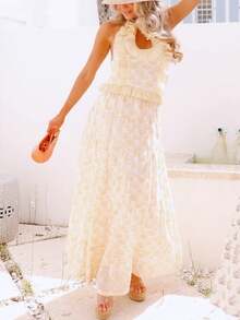 Women Summer Ruffle Halter Top And Flowy Maxi Skirt Sets Y2K Floral Print Backless Crop Tops Long Skirt 2Pcs Boho Beach Vacation Going Out Outfits - 黃色 - 查看 4