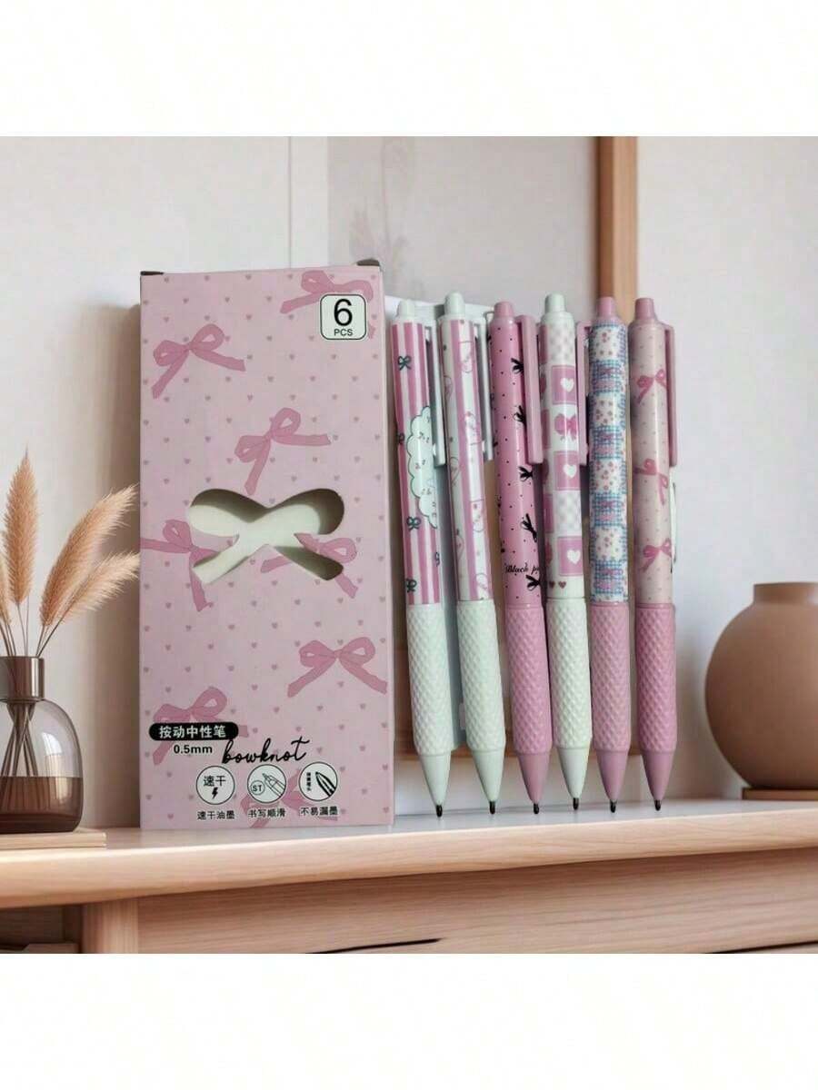 1pc Retractable Ballpoint Pen, Quick-Drying, Cute Cartoon Bow Design, Matte Heart Shape, 0.5mm Nib, Essential For Students - Multicolor - View 1