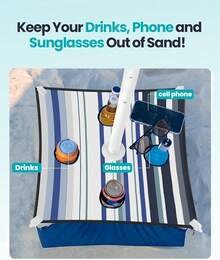 Beach Umbrella With Sand Bag And Cup Holder - 6.5ft Beach Umbrella With Sand Anchor, UPF 50+ PU Coating With Carry Bag For Patio And Outdoor - New Blue/White Striped With Cup Holder - White - View 5
