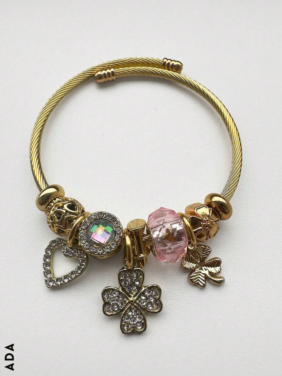 Pulsera con charms de acero inoxidable para mujer, variedad de hermosos charm y pedrería artificial decorativa de lujo multicolor, diseños variados y novedosos, ideal para obsequiar en cualquier ocasión. Te llegará una pulsera con diseños de charms y pedrería al azar. - Dorado - Ver 1