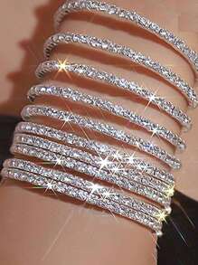 Set de 10 piezas/paquete Pulseras con Piedras Rhinestone, Pulseras elásticas clásicas de cristal multicolor, Joyas para Mujer