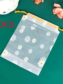 10个装PVC旅行收纳袋，抽绳封口，雏菊图案 - 白色和黄色便携式收纳袋，可用于存放化妆品、衣物、鞋子 - 适用于汽车、家庭、旅行、家居收纳 | 可爱图案收纳袋 | 安全拉链 - 彩色 - 查看 6