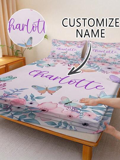 3pcs Personalize Name Pink Floral Butterfly Print Bed Sheets,Bedding,Includes 1 Large Sheet, 2 Pillow Covers.Pink Room Decor Comfortable, Breathable, Anti - Pilling, Dustproof. Non - Slip, Fits Double, Full, Queen, King Beds. Machine Washable & Dry Cleanable. Ideal For Home & Bedroom Decor,Personalized Gifts,Room Decoration Stuff.