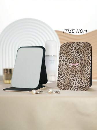 Espejo de vanidad portátil de la serie del mundo oceánico con estampado de leopardo del milenio, plegable, ligero, ultra delgado, espejo de mano conveniente, cuero de PU duradero, adecuado para múltiples ocasiones y todas las personas, espejo de sobremesa plegable para llevar