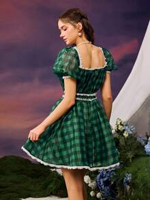 Faeriesty Dreamy Vintage-Chic Bubble Sleeve Plaid Dress With Lace Trim Neckline, Waist, And Hem, Adjustable Drawstring Hem – Perfect For Spring/Summer Garden Parties, Casual Outings, And Elegant Events (Boho-Romantic Style, Vibrant Plaid Fabric, Flowy Ruffles, Seasonless Versatility) Summer Dress Spring Clothes