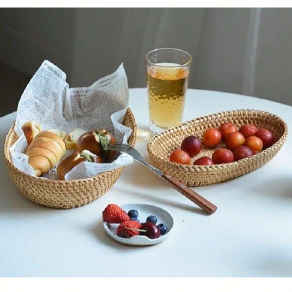 1 peça/2 peças de bandeja de vime feita à mão para decoração de artesanato de outono, bandeja de vime elegante e criativa, adequada para tirar fotos e decorar acessórios de Natal, sala de estar, banheiro, cozinha, pode ser combinada com decoração de casa, festas e artigos para áreas externas