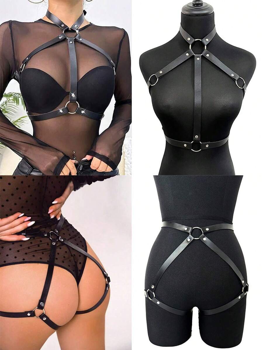 2 件/1 件女士全身皮革束带，内衣性感套装配饰，适合情侣节日日常穿着 - 黑色 - 查看 1
