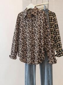 YUXIN Camisa feminina retrô com estampa de leopardo, primavera-verão, gola virada para baixo, manga comprida, solta, para uso diário/social leve, blusa fashion slim respirável - Caqui - Ver 3