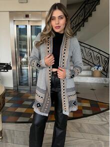 Women's Checkered Kimono Cardigan Teddy Coat Long Sleeve Open Front Elegant Striped Argyle Cute Boho Casual Chic Sexy Wool-Like Fabric Textured Daily Airport Wear Birthday Party Formal & Evening Holiday - 灰色 - 查看 2