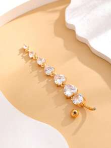 1pc Golden Long Pendant With 6pcs Zirconia Heart Shape Inlaid Navel Ring, Stainless Steel Belly Button Piercing Jewelry For Daily Wear
