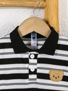 Conjunto de 2 piezas de camisa de manga corta estampada con bordado de oso y pantalón corto casual de unicolor con bolsillo para bebés/niños pequeños, conjunto cómodo para exterior - Multicolor - Ver 3