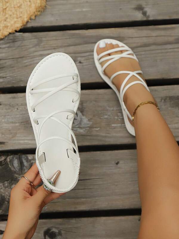 New Fashion Flat Slip-On Sandals For Girl, Roman-Style Open Toe Woven Strap Backless Flat Sandals, Comfortable Summer Shoes For Daily Wear, Fashionable Open Toe Design, Breathable, Versatile Casual Sandals, Suitable For Any Outfit. Stylish Minimalist Comfortable Criss-Cross Strap Flat Strap Sandals, Black Sandals, Beige Sandals, Khaki Sandals, Green Sandals. Non-Slip Lightweight Comfortable