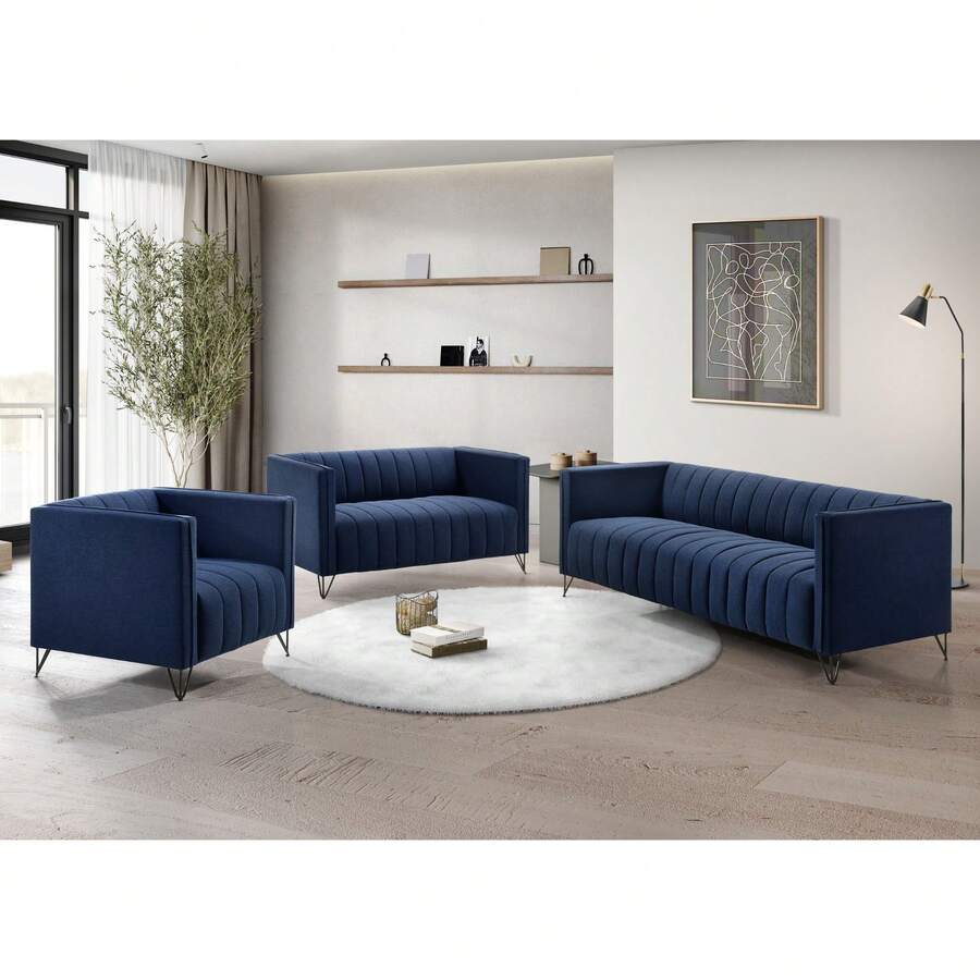Home Design Kurtis Square Arm Chair, Loveseat, Sofa - Blue - View 1
