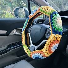 onEternal 1 Handmade Crocheted Steering Wheel Cover & 2 Seatbelt Covers Car Interior Decor Set, Yellow & Blue
