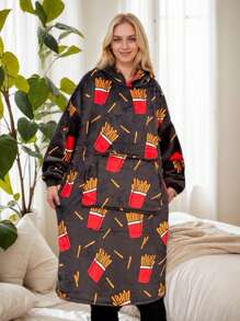 1pc French Fry Printed Hoodie Blanket, Flannel, 48inch Extra Large Loose Casual Hooded Wearable Couple Throw Blanket, Suitable For Men And Women, Sleepwear