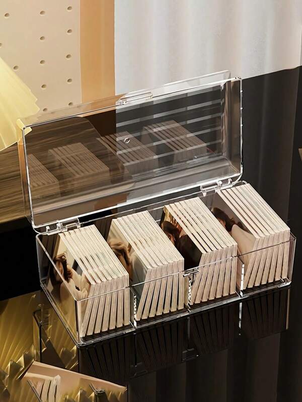 1pc Acrylic Divided Trading Card Storage Box - Transparent Desktop Organizer, Office Supplies Holder, Cable Management, Flip-Top Closure, Large Capacity Organizer For Trading Cards, Card Boxes, Photos And Collections - Transparent Design For Easy Viewing, Playing Card Storage Box