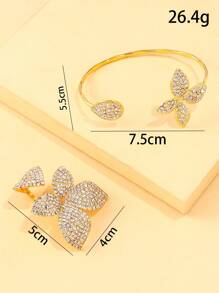 1 Set Boho Floral Open Ring Bangle Bracelet Set For Women, Minimalist Crystal Flower Bride Wedding Jewelry Accessories