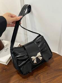 Cloud Ruffle Solid Color Bow Decor Fashionable Shoulder Bag - Black - View 5