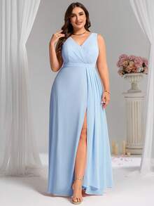 EVERPRETTY Romantic V-Neck Sleeveless Pleated Bust High Slit Bridesmaid Dress, Suitable For Wedding Party And Wedding Guest - Baby Blue - View 4