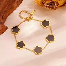 1pc Clover Flower Titanium Steel Bracelet For Women, Simple And Fashionable, With Single-Sided Abalone Shell Decor, Unique Design Valentines,Mom,Mother,Mother's Day,Gift