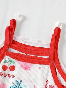 Back To School Girls 3 Pieces Outfit Set: Sleeveless Striped Dress, Solid Color Dress, Bow Decor Fruit Print Dress, Lightweight, Breathable, Loose Fit, Suitable For Outdoor, Travel, Vacation - Red - View 5