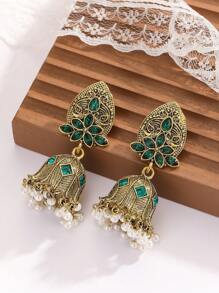 1 Pair Of Zinc Alloy Retro And Fashionable Women's Earrings With Colored Water Rhinestones Imitating Pearls, Classic Stud Earrings, Colored Rhinestone Birdcages, And Heavily Crafted Stud Earrings For Daily Use, Parties, And Vacations