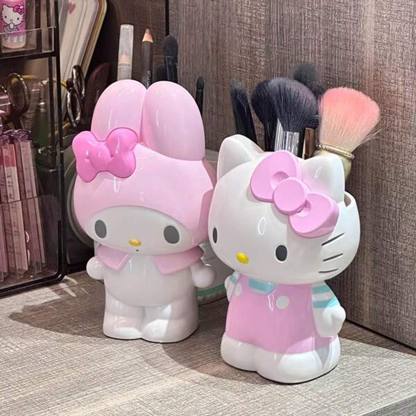 Sanrio 1pc Sanrio Cute Storage Box, Melody & Kitty Cat Multi-Function Storage Box, Jewelry Box, Cartoon Desktop Pen Holder & Stationery Storage, Makeup Brush Holder, Desktop Decor, Suitable For Office, Bedroom, Bathroom And Living Room, Beautiful Holiday Gift