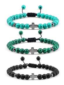 Handmade Woven Bracelet With Turquoise Cross Beads, Men Sports Accessory, European & American Import Jewelry