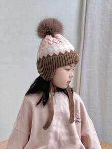 儿童针织帽，钻石提花婴儿针织帽，绒球设计，男童女童秋冬护耳帽，秋冬婴儿户外保暖帽，撞色设计，婴儿冬季防风帽，适合户外，时尚百搭，日常休闲 - 針織帽 - 查看 4