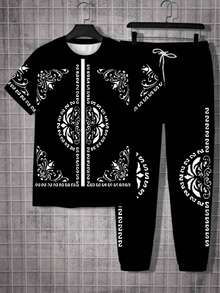 Plus Size Men Religious Pattern T-Shirt And Drawstring Casual Pants 2Pieces Set, Vintage Style - Black - View 3