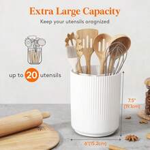 Utensil Holder For Kitchen Counter, Cooking Silverware Caddy With Non-Slip Rotating Base, Large 3 Compartment Plastic Spoon Spatula Cutlery Flatware Organizer With Dry Draining - 白色 - 查看 2