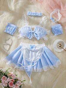 Sexy Underwear Set: Including Tops, Aprons, Headbands, Collars And Underwear, Sexy Skirts, High-End Erotic Underwear, Sexy - Màu xanh da trời - Xem 2