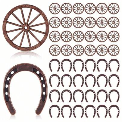 20件套西部主题派对装饰迷你马蹄铁车轮工艺品，西部派对中心装饰品，幸运马蹄铁婚礼派对礼品，牛仔女郎生日装饰（10个车轮+10个马蹄铁）