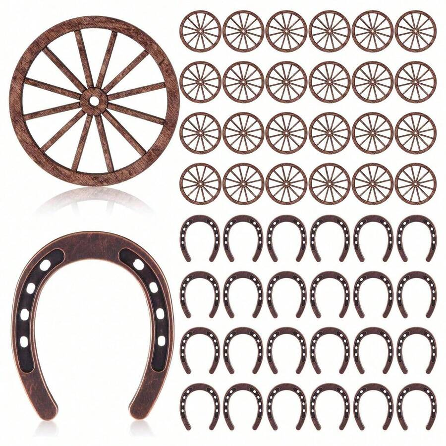 20pcs Western Theme Party Decorations Mini Horseshoe Wagon Wheel Crafts, Western Party Centerpiece Decor, Lucky Horseshoe Wedding Party Favors, Cowgirl Cowboy Birthday Decor (10pcs Wagon Wheels + 10pcs Horseshoes) - Multicolor - View 1